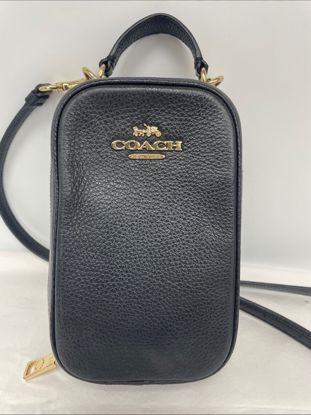 Coach Black Pebbled Leather Mini Crossbody with Gold Logo